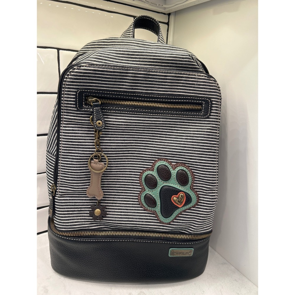 Chala Handbags Striped Canvas Paw Print Backpack Black White Vegan Leather Bag